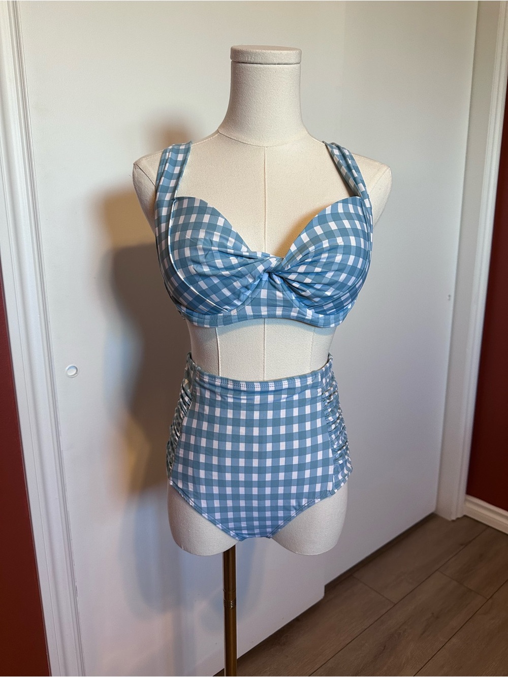 Blue Gingham High-Waist Bikini Set